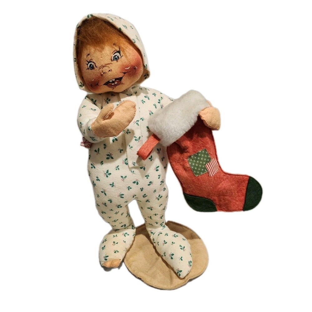 1991 Annalee Christmas "Pajama Kid Holding Stocking" Doll - 18" On Stand